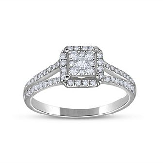 14k White Gold 1 Carat T.W. Diamond Three-Stone Halo Engagement Ring