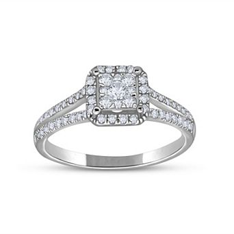 Diamaison 14k White Gold 1 Carat T.W. Diamond Three-Stone Halo Engagement Ring