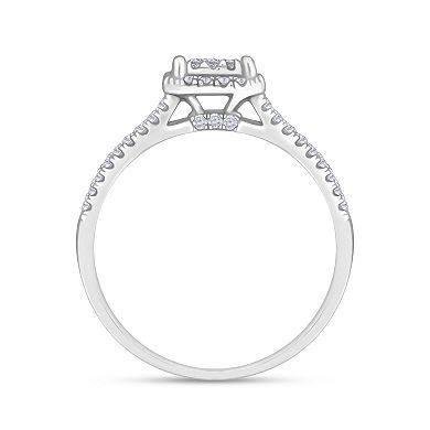 Diamaison 14k White Gold 1 Carat T.W. Diamond Three-Stone Halo Engagement Ring