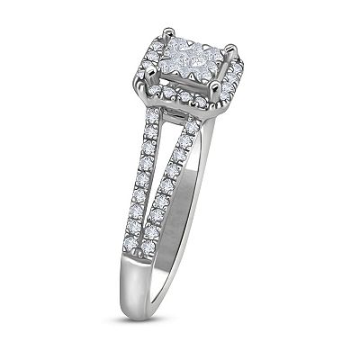 Diamaison 14k White Gold 1 Carat T.W. Diamond Three-Stone Halo Engagement Ring