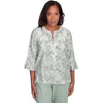 Petite Alfred Dunner Embroidered Geometric Flare Sleeve Top