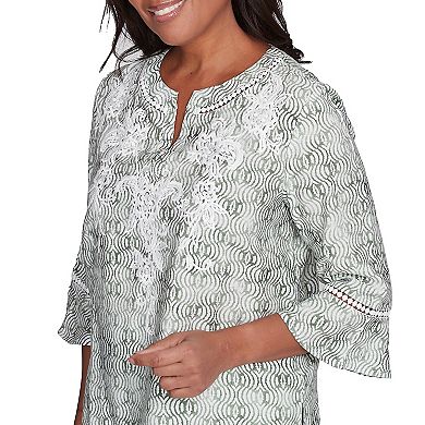 Petite Alfred Dunner Embroidered Geometric Flare Sleeve Top
