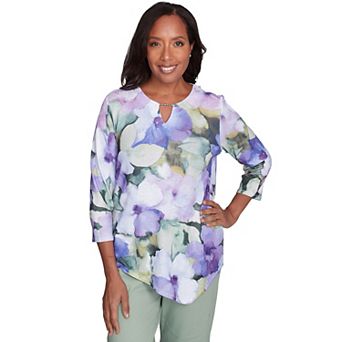 Petite Alfred Dunner Dramatic Pansies Print Keyhole Top