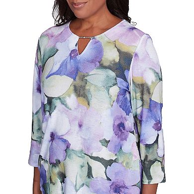 Petite Alfred Dunner Dramatic Pansies Print Keyhole Top