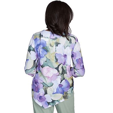Petite Alfred Dunner Dramatic Pansies Print Keyhole Top