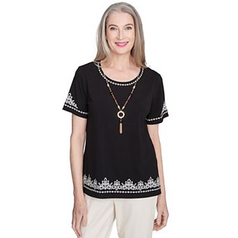 Petite Alfred Dunner Embroidered Border Tee with Necklace