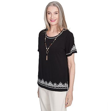 Petite Alfred Dunner Embroidered Border Tee with Necklace