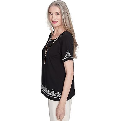 Petite Alfred Dunner Embroidered Border Tee with Necklace