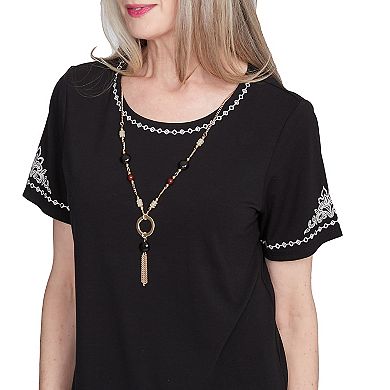 Petite Alfred Dunner Embroidered Border Tee with Necklace