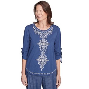 Petite Alfred Dunner Embroidered Centered Tie Sleeve Top