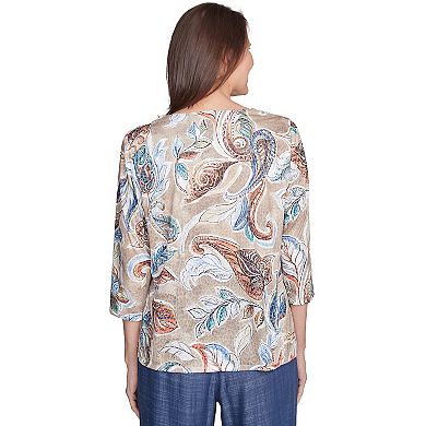 Petite Alfred Dunner Twisted Crew Neck Paisley Top