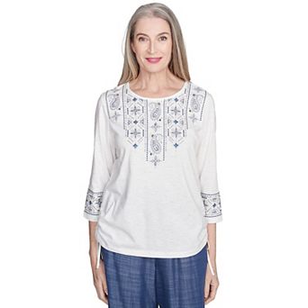 Petite Alfred Dunner Linear Embroidered Tie Sleeve Top