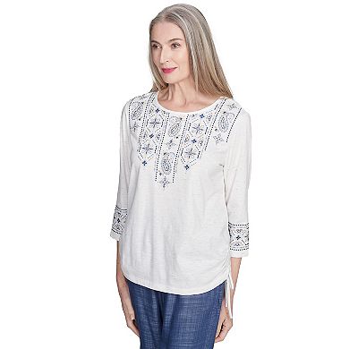 Petite Alfred Dunner Linear Embroidered Tie Sleeve Top