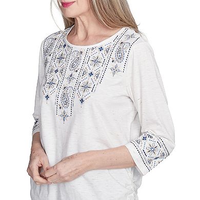 Petite Alfred Dunner Linear Embroidered Tie Sleeve Top