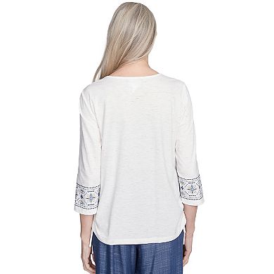Petite Alfred Dunner Linear Embroidered Tie Sleeve Top
