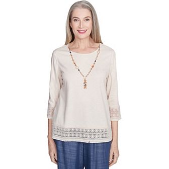 Petite Alfred Dunner Lace Trimmed Knit Top with Necklace