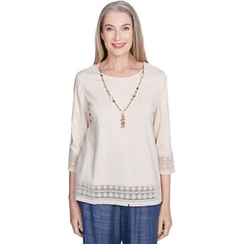 Petite Alfred Dunner Lace Trimmed Knit Top with Necklace