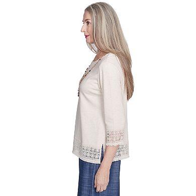 Petite Alfred Dunner Lace Trimmed Knit Top with Necklace