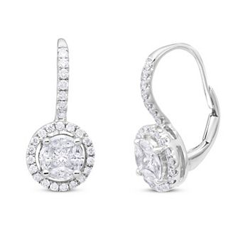Diamaison 14k White Gold 3/4 Carat T.W. Diamond Halo Drop Earrings