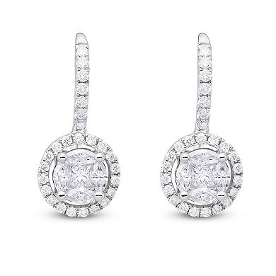 Diamaison 14k White Gold 3/4 Carat T.W. Diamond Halo Drop Earrings