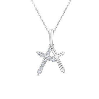 Diamaison 10k White Gold 1/10 Carat T.W. Diamond Double Cross Pendant Necklace