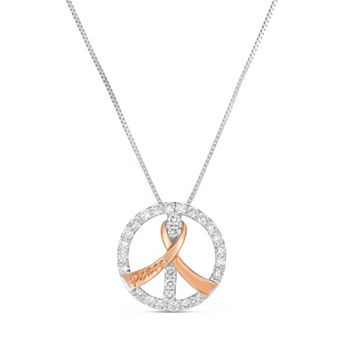 Diamaison 10k Two-Tone Gold 3/8 Carat T.W. Diamond Ribbon Peace Sign Pendant Necklace