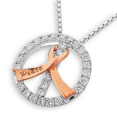 Diamaison 10k Two-Tone Gold 3/8 Carat T.W. Diamond Ribbon Peace Sign Pendant Necklace