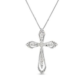 Diamaison 10k White Gold 3/4 Carat T.W. Diamond Scalloped Cross Pendant Necklace