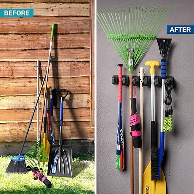 Broom and Mop Holder Rack - Garden Tool Organizer w5 Slots, 6 Hooks, 7.5lbs Capacity Per Slot