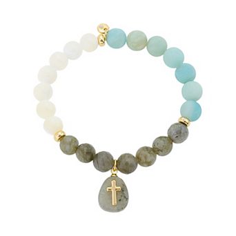 Love This Life 14k Gold Flash Plated Labradorite Cross Tab Stretch Bracelet