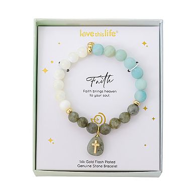 Love This Life 14k Gold Flash Plated Labradorite Cross Tab Stretch Bracelet