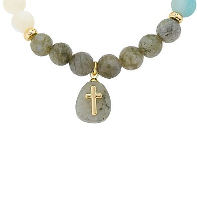 Love This Life 14k Gold Flash Plated Labradorite Cross Tab Stretch Bracelet
