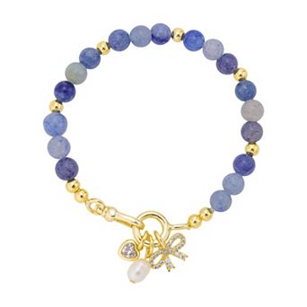 Love This Life 14k Gold Flash Plated Cubic Zirconia Bow, Cubic Zirconia Heart and Pearl Drop Blue Agate Beaded Bracelet