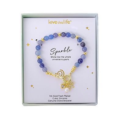 Love This Life 14k Gold Flash Plated Cubic Zirconia Bow, Cubic Zirconia Heart and Pearl Drop Blue Agate Beaded Bracelet