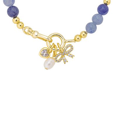 Love This Life 14k Gold Flash Plated Cubic Zirconia Bow, Cubic Zirconia Heart and Pearl Drop Blue Agate Beaded Bracelet