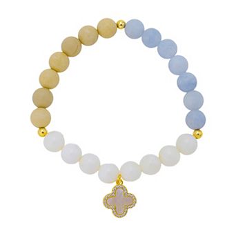 Love This Life 14k Gold Flash Plated Mother of Pearl & Cubic Zirconia Clover Beaded Stretch Bracelet