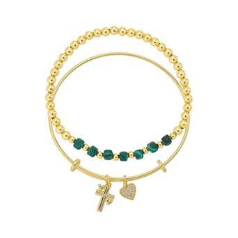 Love This Life 14k Gold Flash Plated Green Glass Beaded Cross and Heart Pendant Bracelet Set