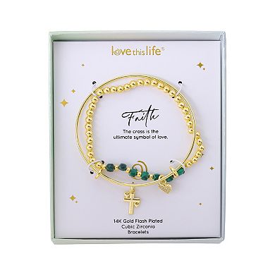 Love This Life 14k Gold Flash Plated Green Glass Beaded Cross and Heart Pendant Bracelet Set