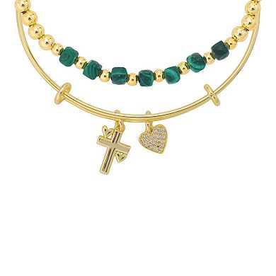 Love This Life 14k Gold Flash Plated Green Glass Beaded Cross and Heart Pendant Bracelet Set