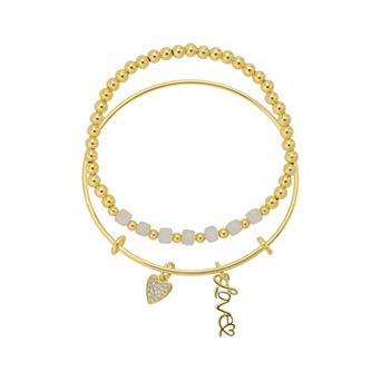 Love This Life 14k Gold Flash Plated White Glass Beaded Heart and Love Pendant Bracelet Set