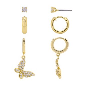 Love This Life 14k Gold Flash Plated Cubic Zirconia Studs, Hoops, and Cubic Zirconia Butterfly Hoops Earrings Set