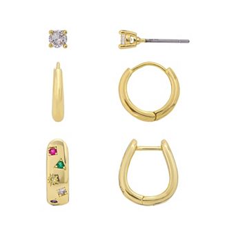 Love This Life 14k Gold Flash Plated Cubic Zirconia Studs, Plain Hoops, and Multi-Color Hoops Earrings Set