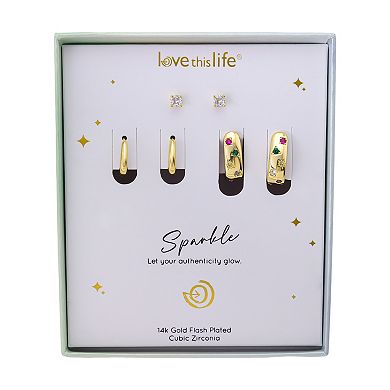 Love This Life 14k Gold Flash Plated Cubic Zirconia Studs, Plain Hoops, and Multi-Color Hoops Earrings Set