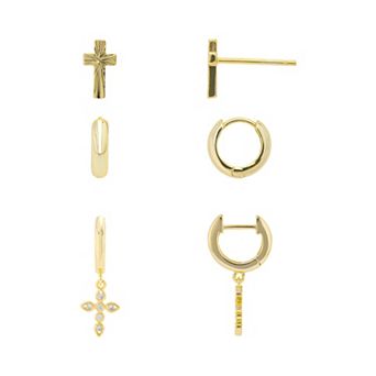 Love This Life 14k Gold Flash Plated Cross Studs, Hoops, and Cubic Zirconia Cross Hoops Earrings Set