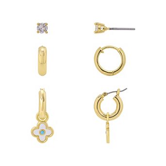 Love This Life 14k Gold Flash Plated Studs, Hoops, and Clover Hoops Earrings Set