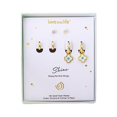 Love This Life 14k Gold Flash Plated Studs, Hoops, and Clover Hoops Earrings Set