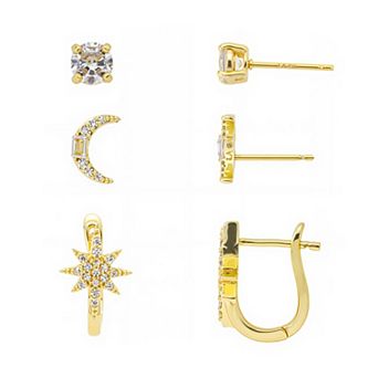 Brilliance Love This Life 14k Gold Flash Plated Star Hoops, Cubic Zirconia Moon Studs, and Cubic Zirconia Stud Earrings Set
