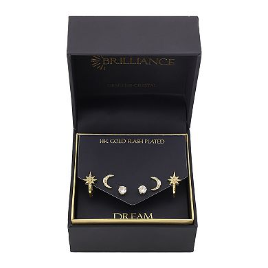 Brilliance Love This Life 14k Gold Flash Plated Star Hoops, Cubic Zirconia Moon Studs, and Cubic Zirconia Stud Earrings Set