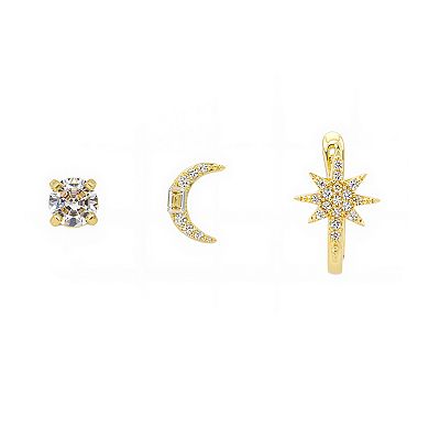Brilliance Love This Life 14k Gold Flash Plated Star Hoops, Cubic Zirconia Moon Studs, and Cubic Zirconia Stud Earrings Set