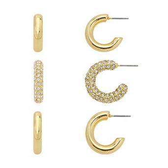 Love This Life 14k Gold Flash Plated Plain Hoops and Crystal Hoops Earrings Set